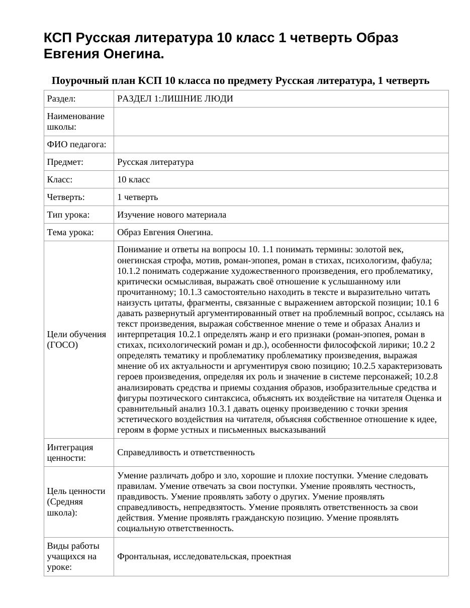 КСП Русская литература 10 класс 1 четверть Образ Евгения Онегина.