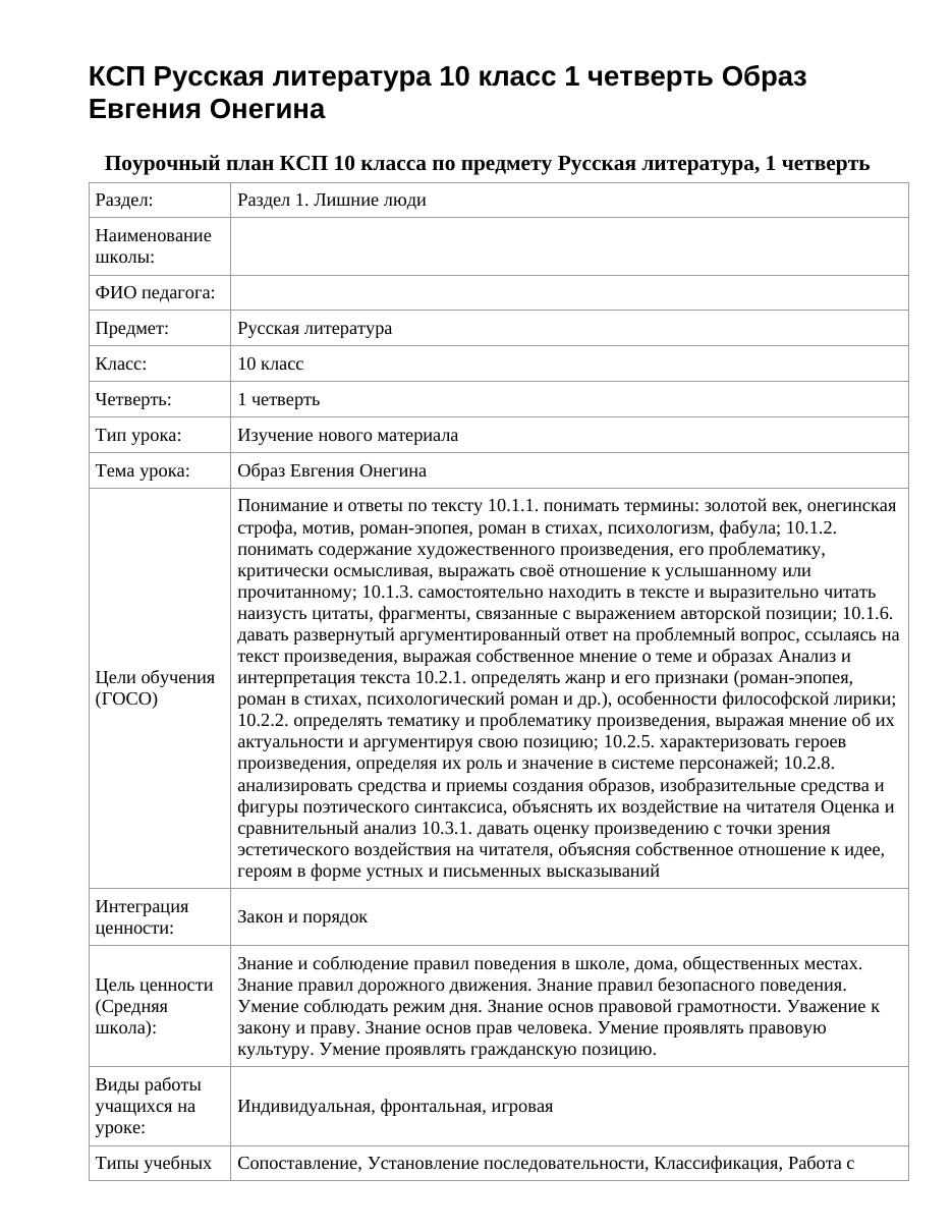 КСП Русская литература 10 класс 1 четверть Образ Евгения Онегина