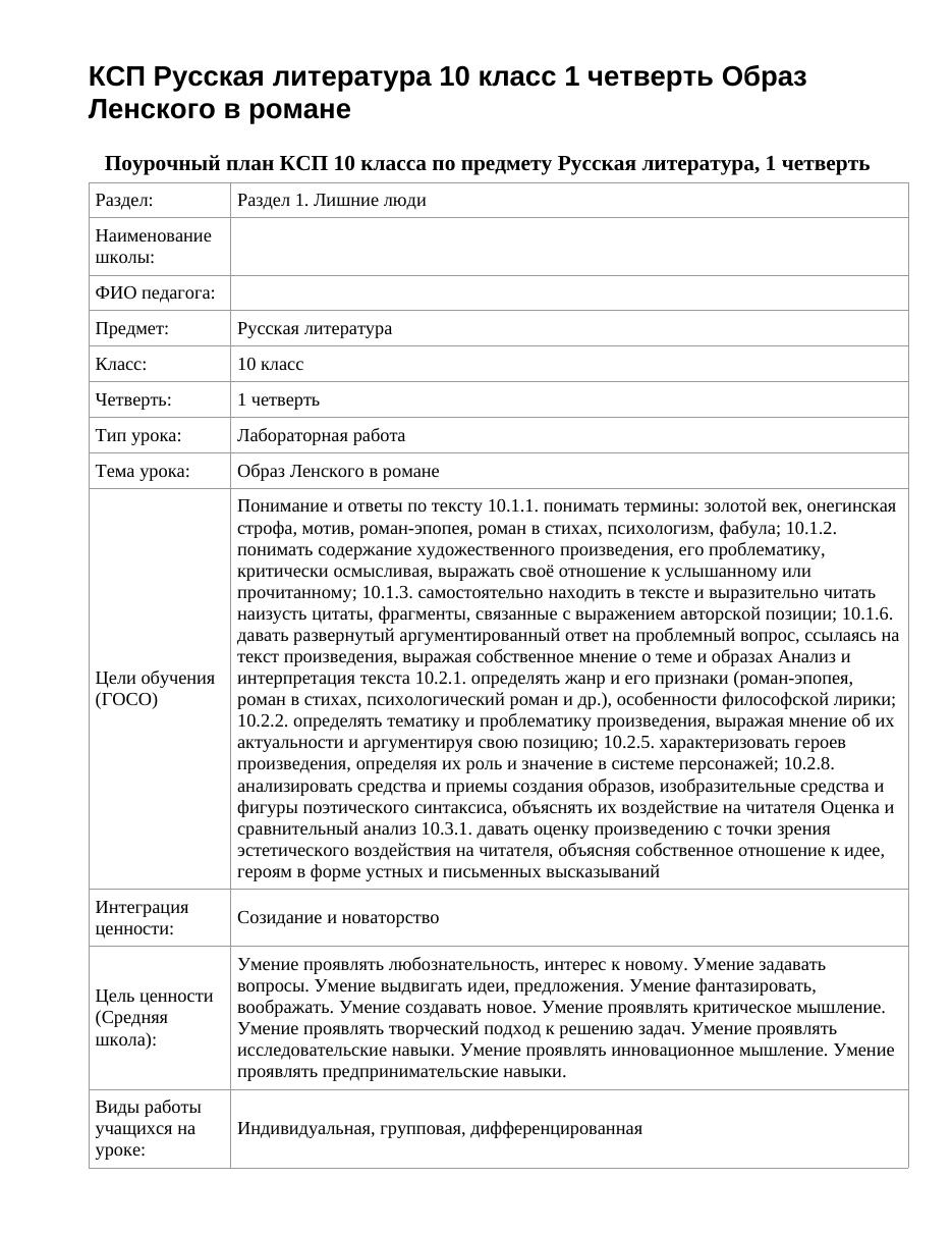 КСП Русская литература 10 класс 1 четверть Образ Ленского в романе