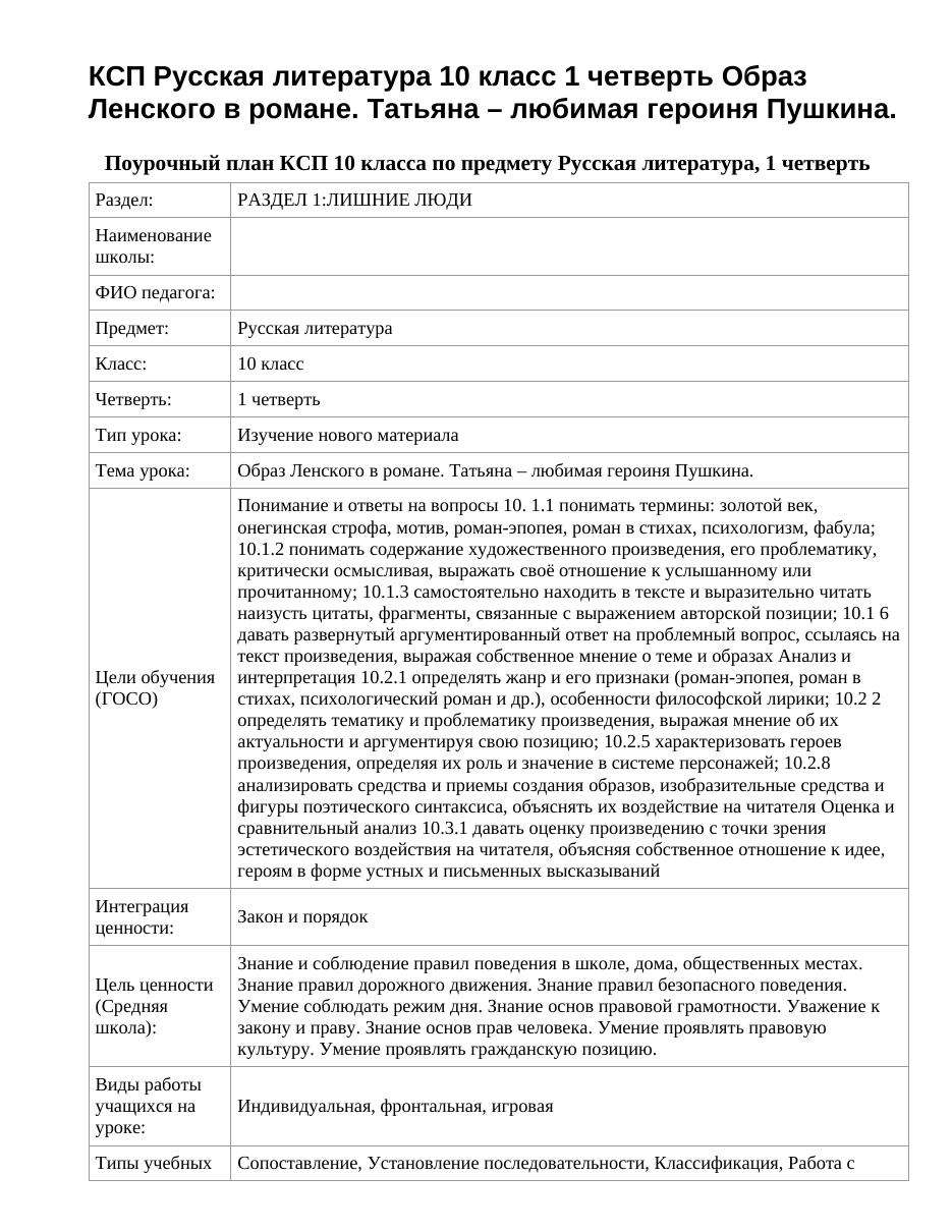 КСП Русская литература 10 класс 1 четверть Образ Ленского в романе. Татьяна – любимая героиня Пушкина.