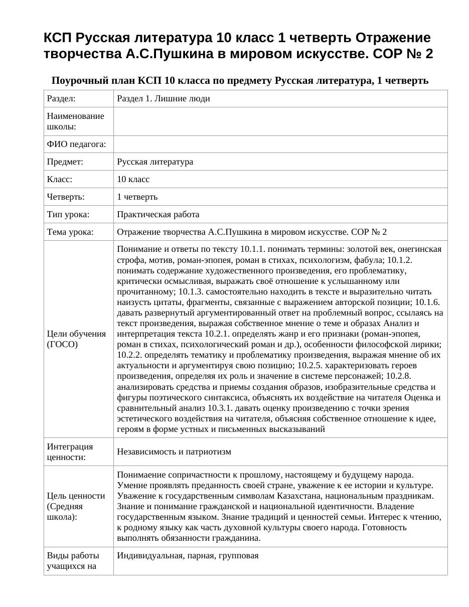 КСП Русская литература 10 класс 1 четверть Отражение творчества А.С.Пушкина в мировом искусстве. СОР № 2