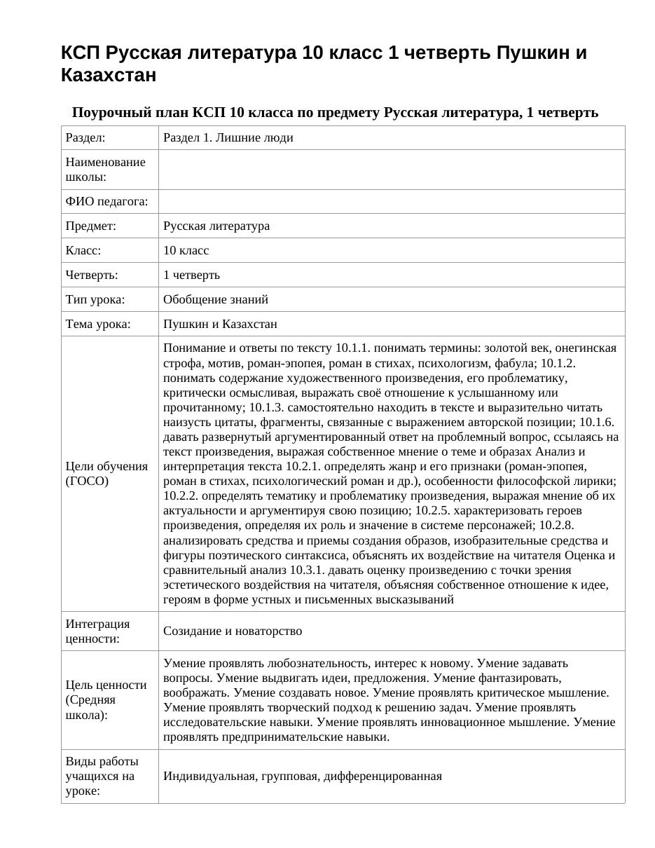 КСП Русская литература 10 класс 1 четверть Пушкин и Казахстан