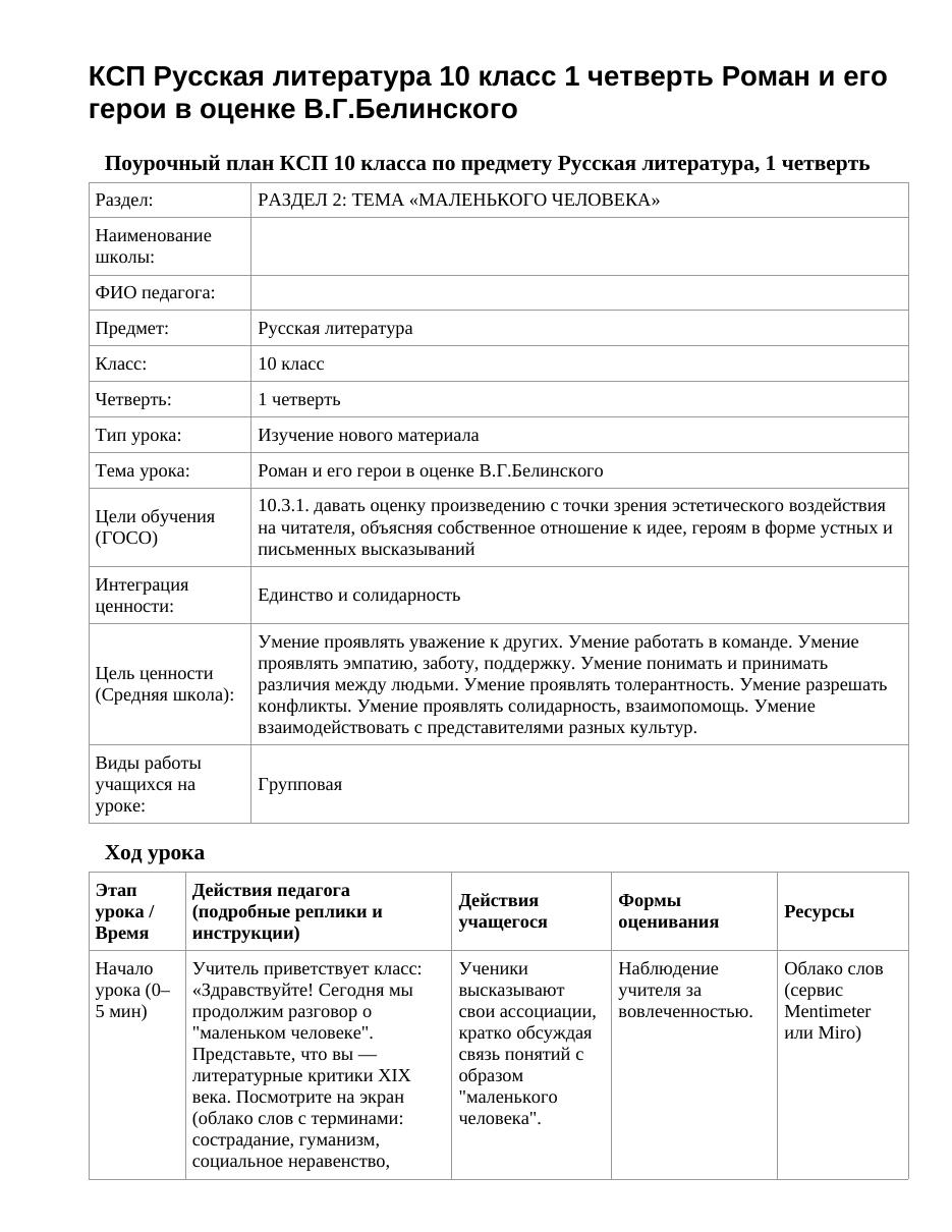 КСП Русская литература 10 класс 1 четверть Роман и его герои в оценке В.Г.Белинского