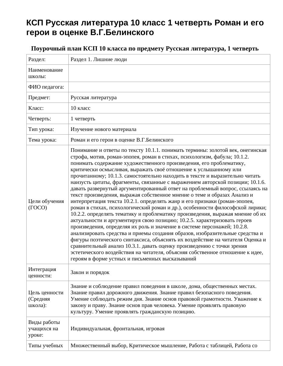 КСП Русская литература 10 класс 1 четверть Роман и его герои в оценке В.Г.Белинского