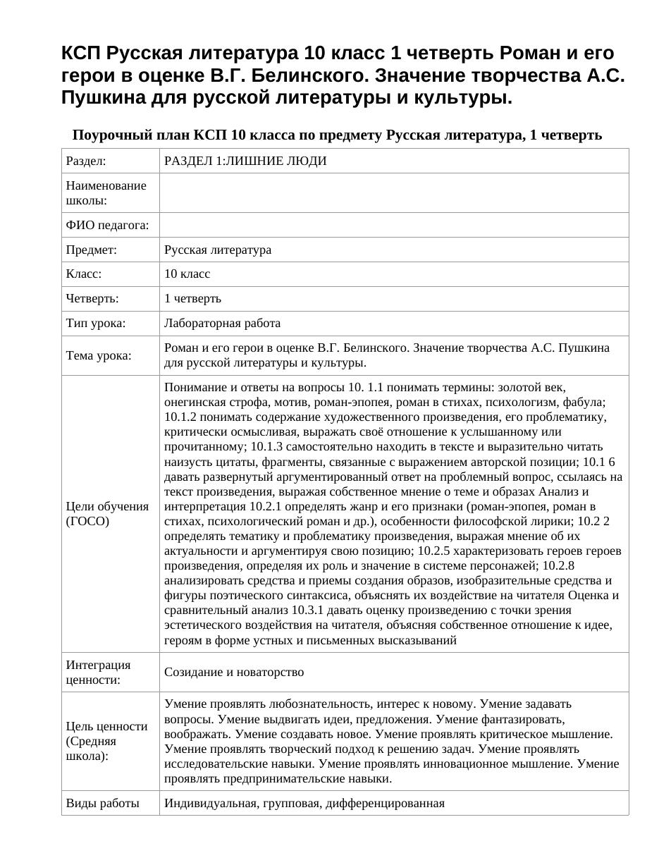 КСП Русская литература 10 класс 1 четверть Роман и его герои в оценке В.Г. Белинского. Значение творчества А.С. Пушкина для русской литературы и культуры.