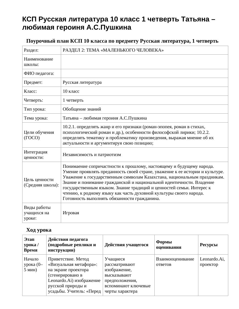 КСП Русская литература 10 класс 1 четверть Татьяна – любимая героиня А.С.Пушкина