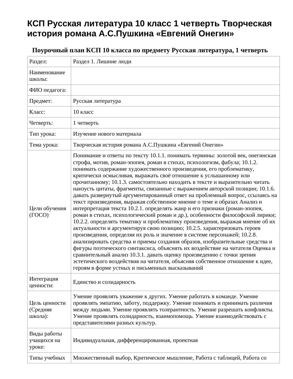 КСП Русская литература 10 класс 1 четверть Творческая история романа А.С.Пушкина «Евгений Онегин»