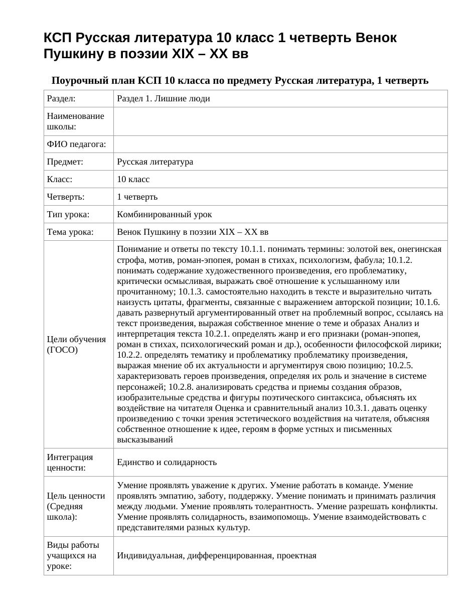 КСП Русская литература 10 класс 1 четверть Венок Пушкину в поэзии XIX – XX вв