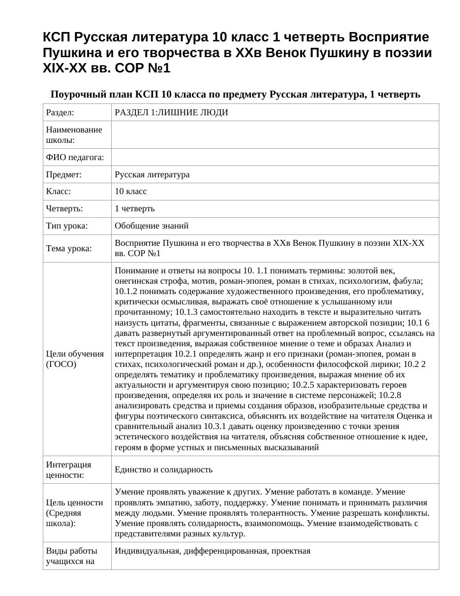 КСП Русская литература 10 класс 1 четверть Восприятие Пушкина и его творчества в ХХв Венок Пушкину в поэзии XIX-XX вв. СОР №1