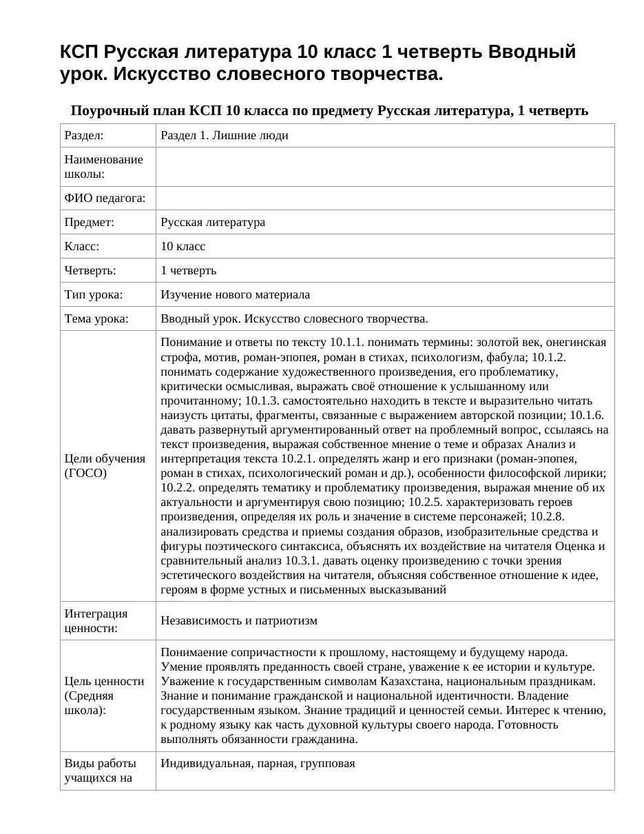 КСП Русская литература 10 класс 1 четверть Вводный урок. Искусство словесного творчества.