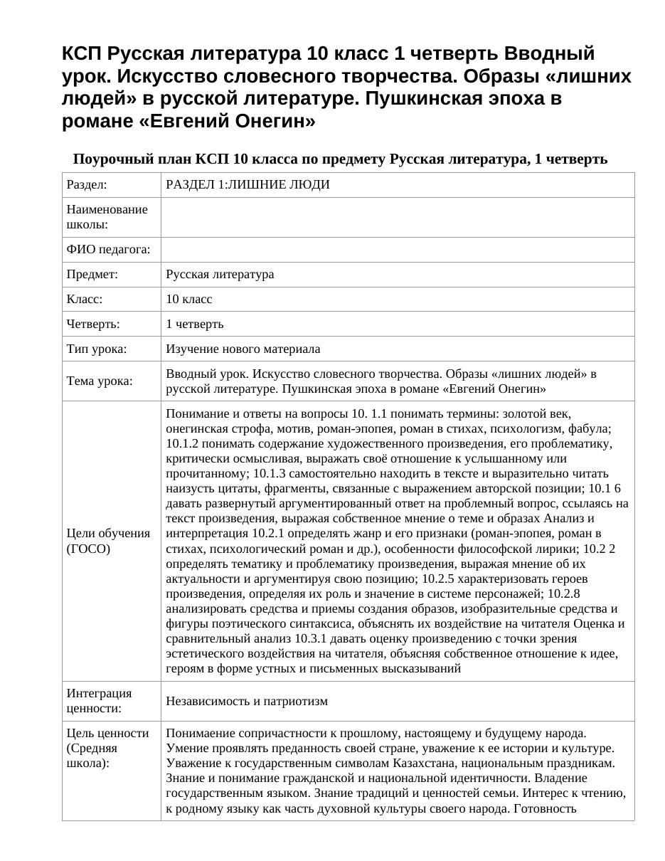КСП Русская литература 10 класс 1 четверть Вводный урок. Искусство словесного творчества. Образы «лишних людей» в русской литературе. Пушкинская эпоха в романе «Евгений Онегин»