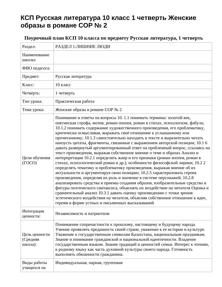 КСП Русская литература 10 класс 1 четверть Женские образы в романе СОР № 2