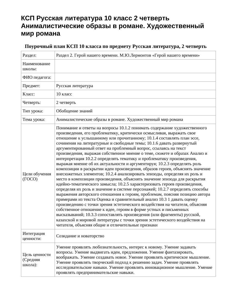 КСП Русская литература 10 класс 2 четверть Анималистические образы в романе. Художественный мир романа