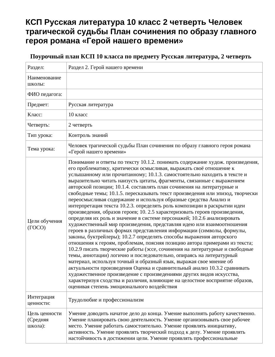 КСП Русская литература 10 класс 2 четверть Человек трагической судьбы План сочинения по образу главного героя романа «Герой нашего времени»