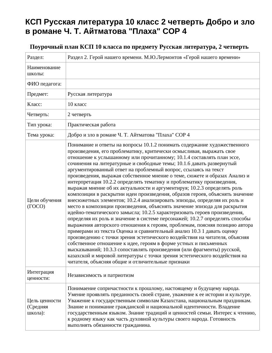 КСП Русская литература 10 класс 2 четверть Добро и зло в романе Ч. Т. Айтматова "Плаха" СОР 4