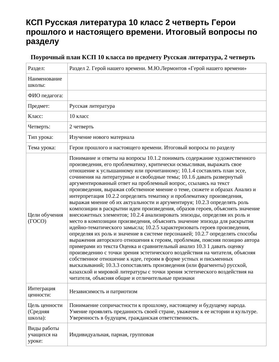 КСП Русская литература 10 класс 2 четверть Герои прошлого и настоящего времени. Итоговый вопросы по разделу