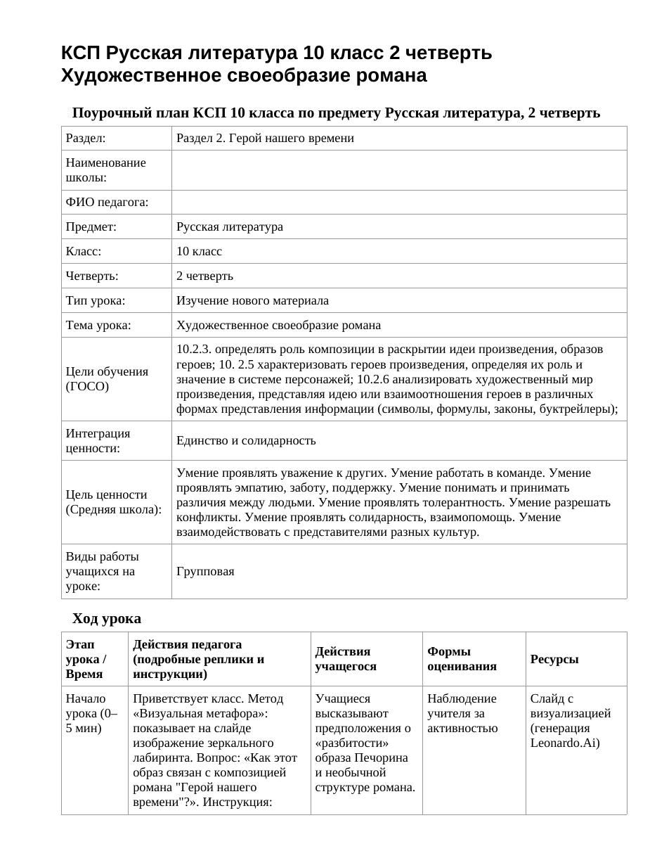 КСП Русская литература 10 класс 2 четверть Художественное своеобразие романа