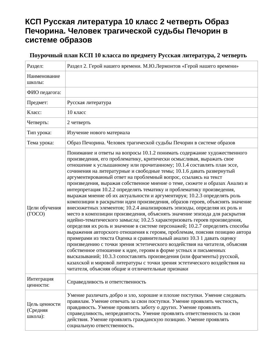 КСП Русская литература 10 класс 2 четверть Образ Печорина. Человек трагической судьбы Печорин в системе образов