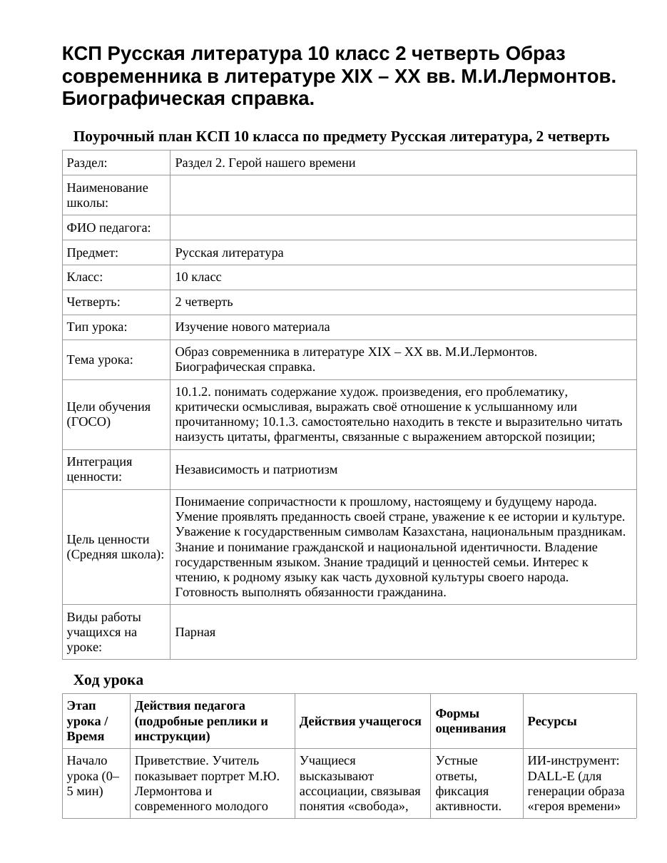 КСП Русская литература 10 класс 2 четверть Образ современника в литературе XIX – XX вв. М.И.Лермонтов. Биографическая справка.