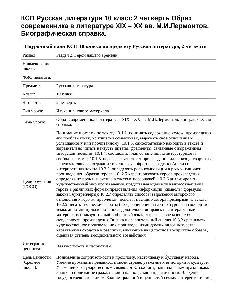 КСП Русская литература 10 класс 2 четверть Образ современника в литературе XIX – XX вв. М.И.Лермонтов. Биографическая справка.