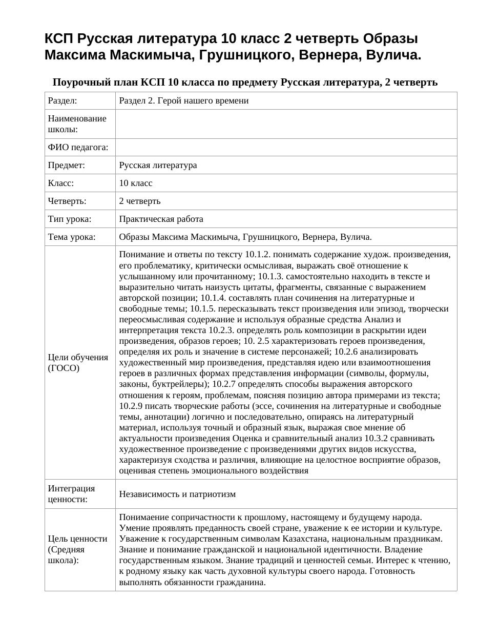 КСП Русская литература 10 класс 2 четверть Образы Максима Маскимыча, Грушницкого, Вернера, Вулича.