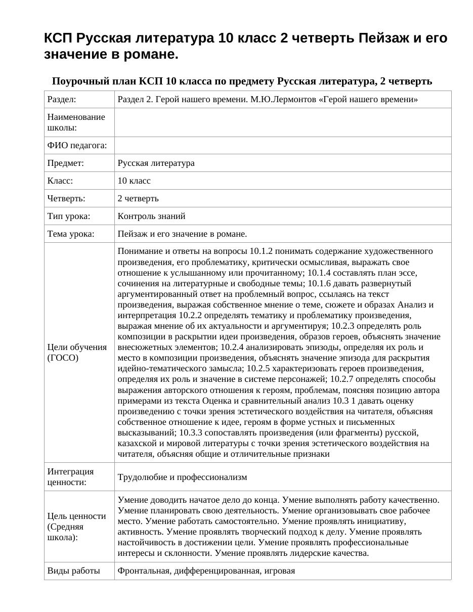 КСП Русская литература 10 класс 2 четверть Пейзаж и его значение в романе.