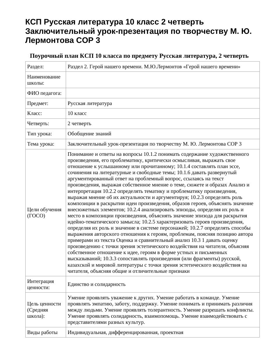 КСП Русская литература 10 класс 2 четверть Заключительный урок-презентация по творчеству М. Ю. Лермонтова СОР 3