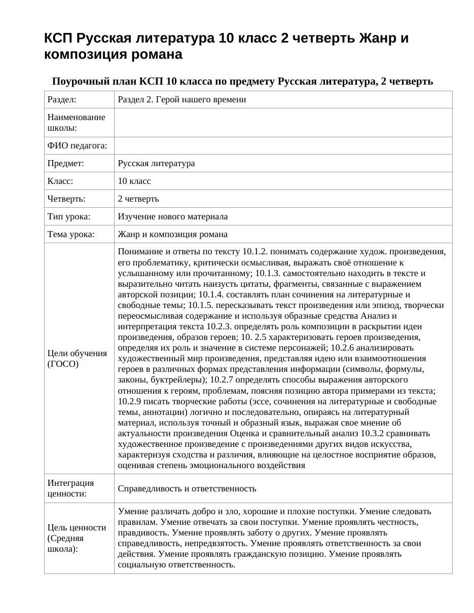 КСП Русская литература 10 класс 2 четверть Жанр и композиция романа