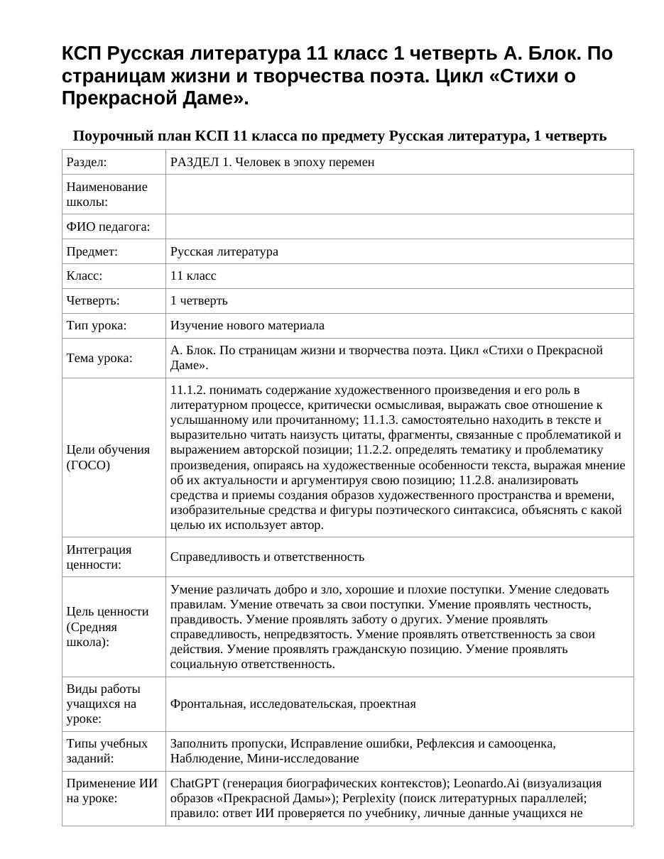 КСП Русская литература 11 класс 1 четверть А. Блок. По страницам жизни и творчества поэта. Цикл «Стихи о Прекрасной Даме».