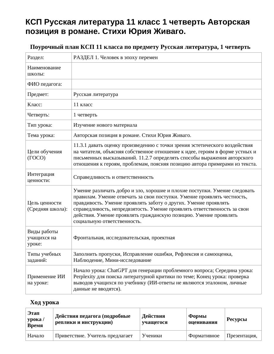 КСП Русская литература 11 класс 1 четверть Авторская позиция в романе. Стихи Юрия Живаго.