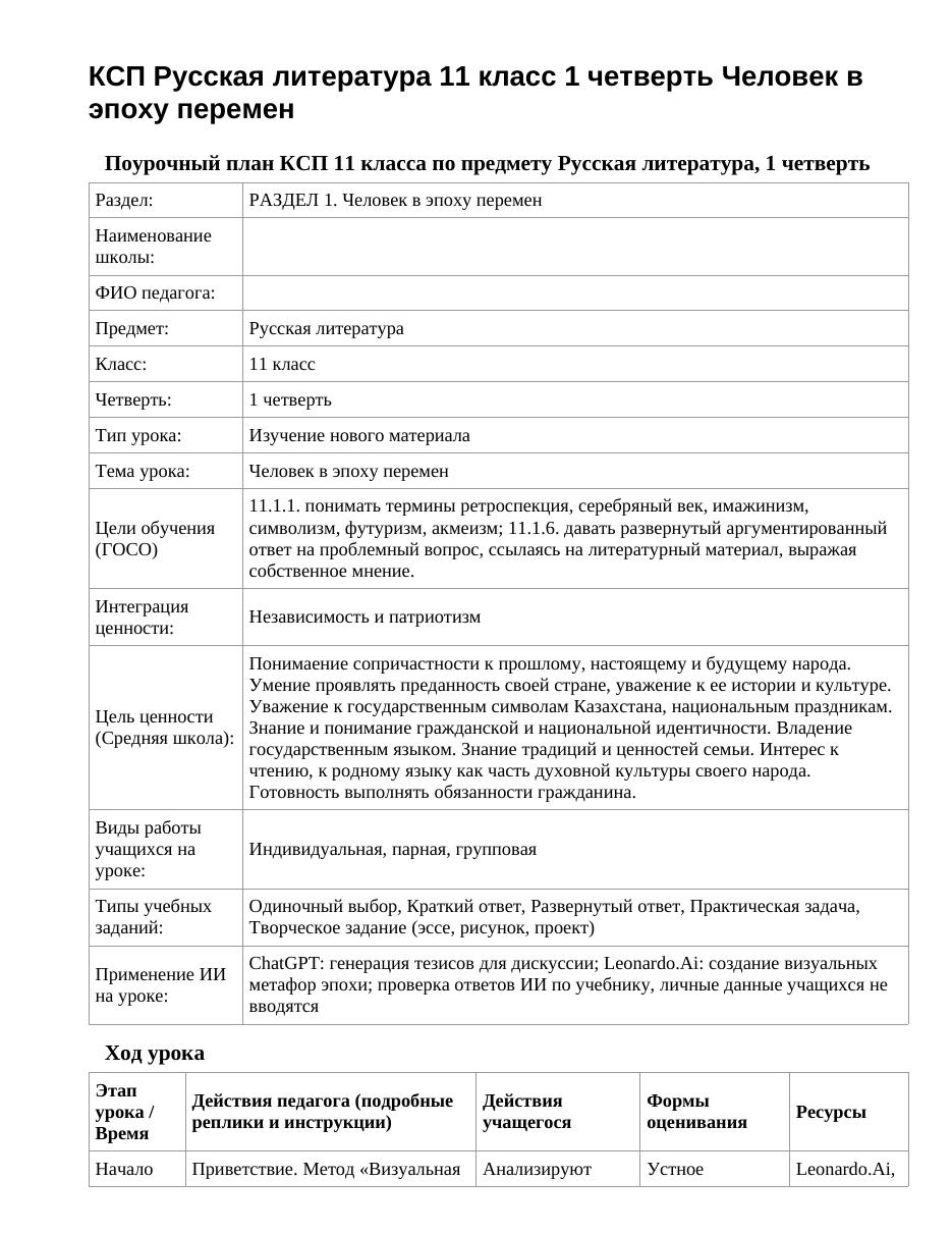 КСП Русская литература 11 класс 1 четверть Человек в эпоху перемен