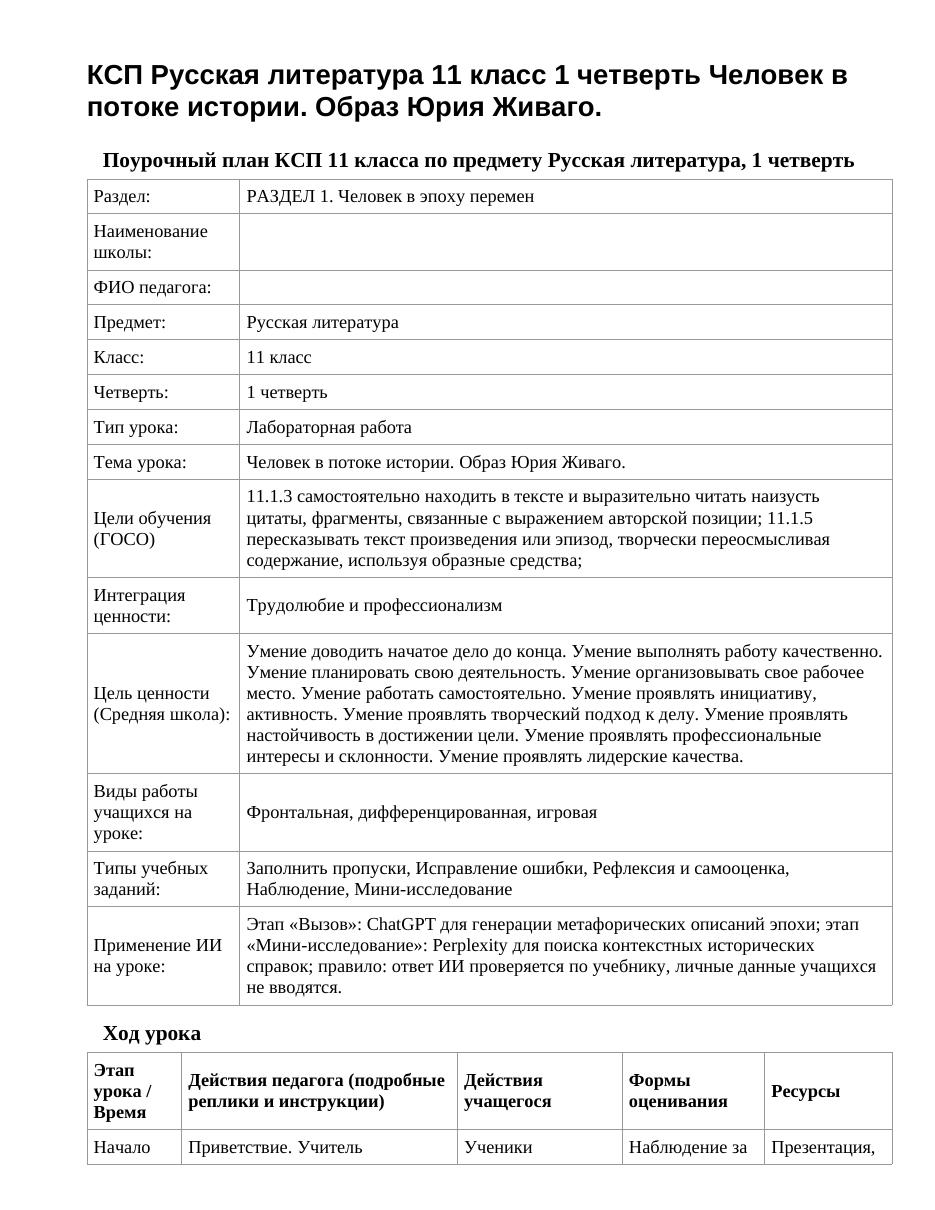 КСП Русская литература 11 класс 1 четверть Человек в потоке истории. Образ Юрия Живаго.