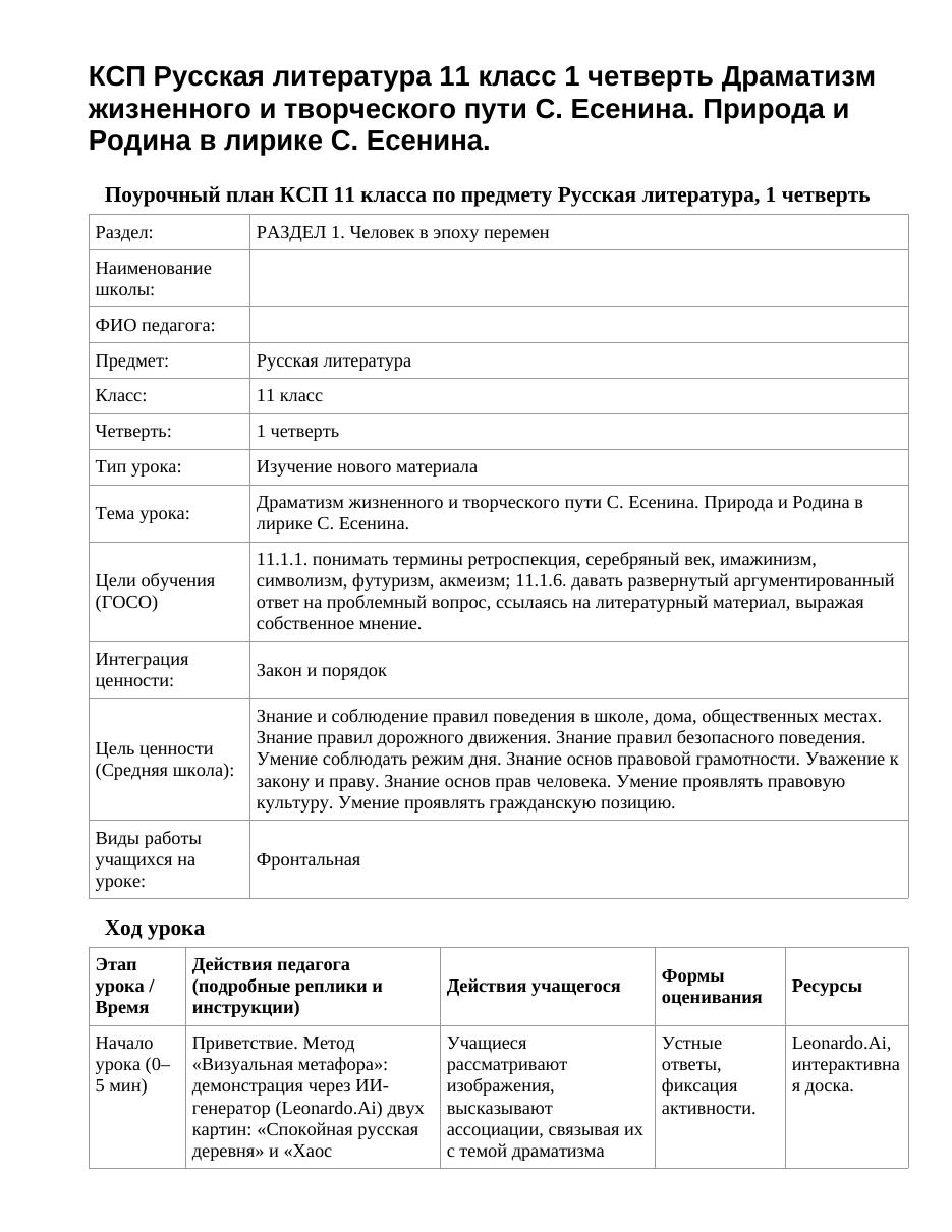 КСП Русская литература 11 класс 1 четверть Драматизм жизненного и творческого пути С. Есенина. Природа и Родина в лирике С. Есенина.
