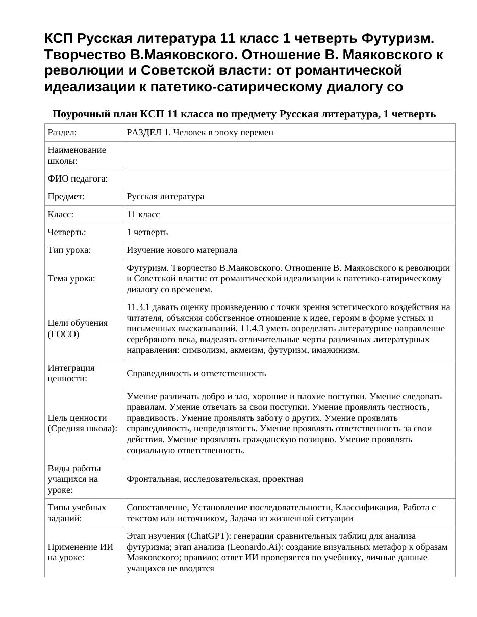 КСП Русская литература 11 класс 1 четверть Футуризм. Творчество В.Маяковского. Отношение В. Маяковского к революции и Советской власти: от романтической идеализации к патетико-сатирическому диалогу со
