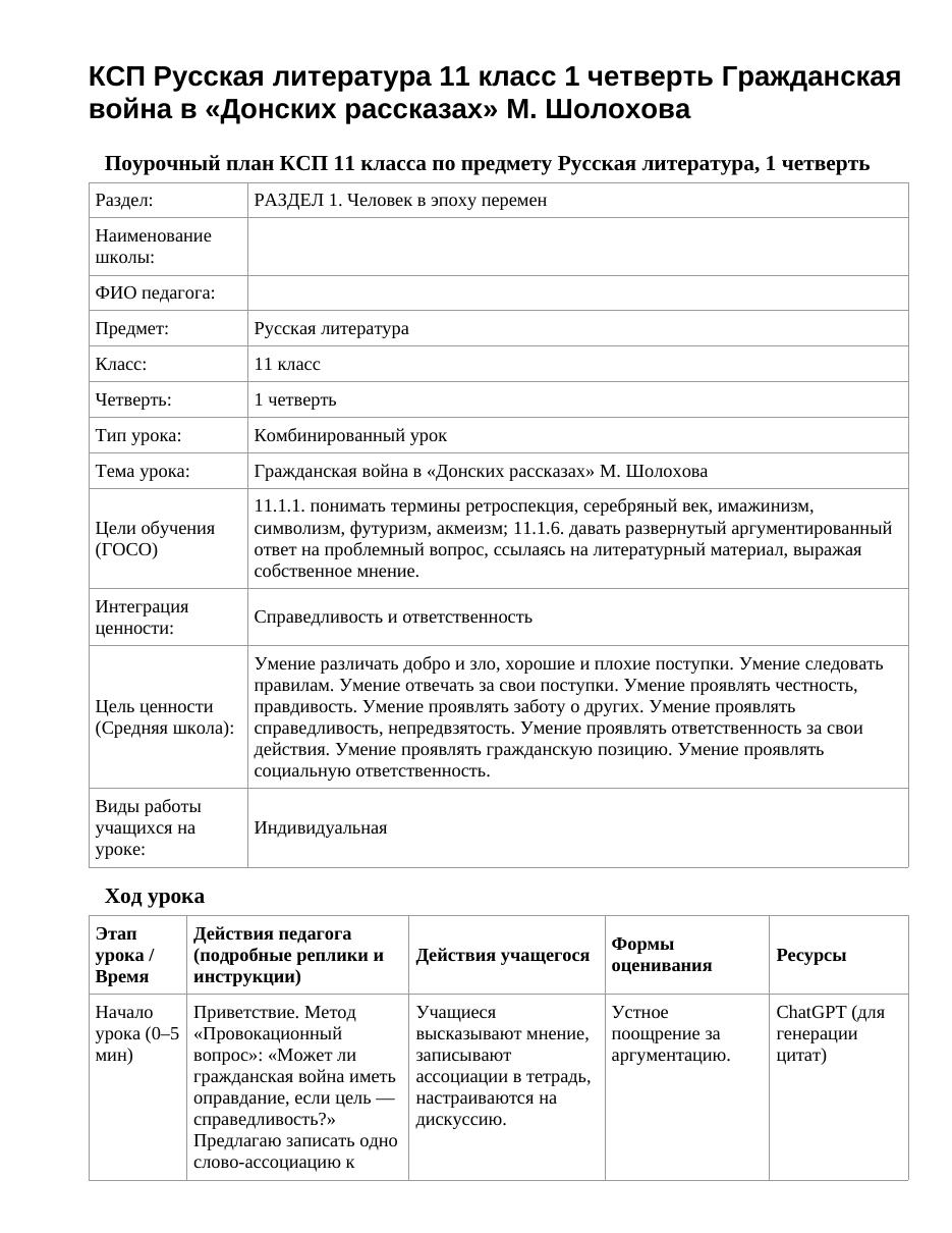 КСП Русская литература 11 класс 1 четверть Гражданская война в «Донских рассказах» М. Шолохова