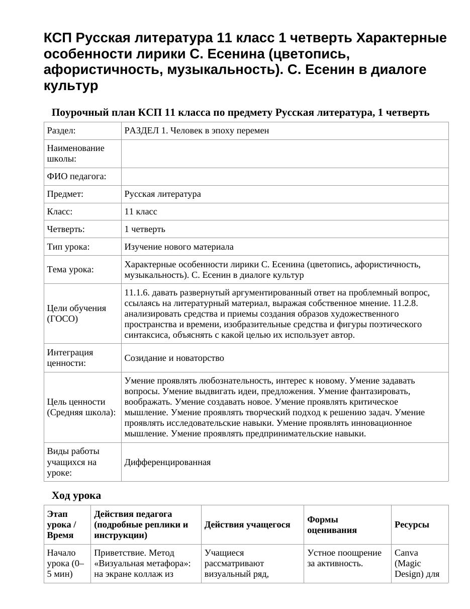 КСП Русская литература 11 класс 1 четверть Характерные особенности лирики С. Есенина (цветопись, афористичность, музыкальность). С. Есенин в диалоге культур