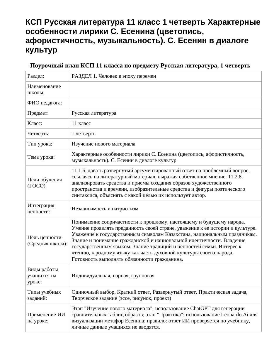 КСП Русская литература 11 класс 1 четверть Характерные особенности лирики С. Есенина (цветопись, афористичность, музыкальность). С. Есенин в диалоге культур
