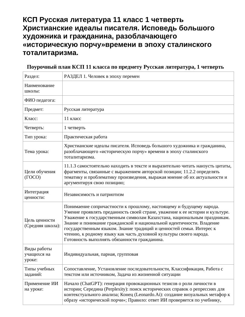 КСП Русская литература 11 класс 1 четверть Христианские идеалы писателя. Исповедь большого художника и гражданина, разоблачающего «историческую порчу»времени в эпоху сталинского тоталитаризма.