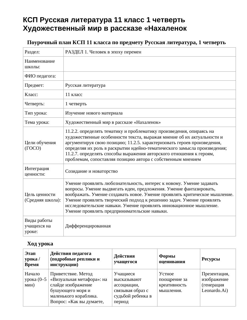 КСП Русская литература 11 класс 1 четверть Художественный мир в рассказе «Нахаленок