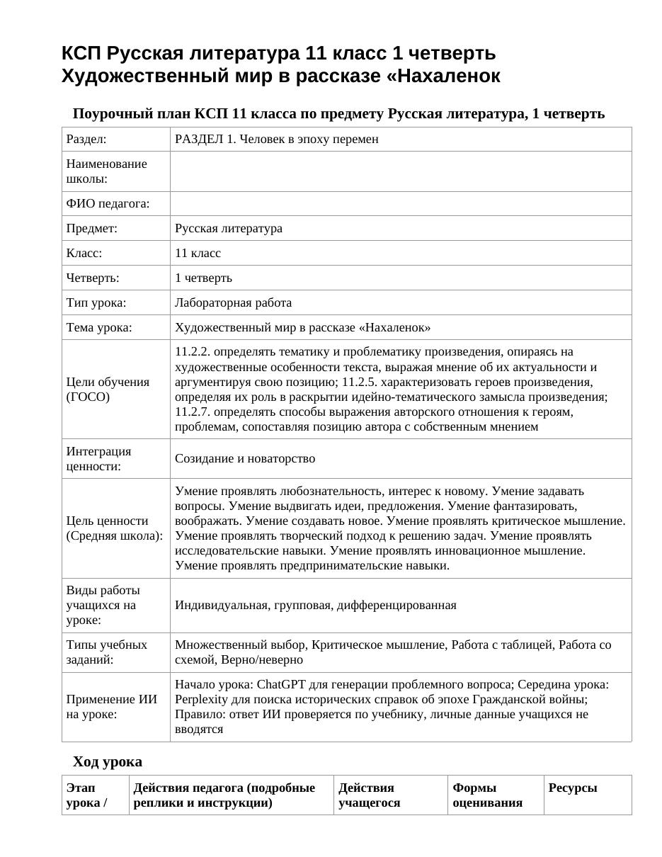 КСП Русская литература 11 класс 1 четверть Художественный мир в рассказе «Нахаленок