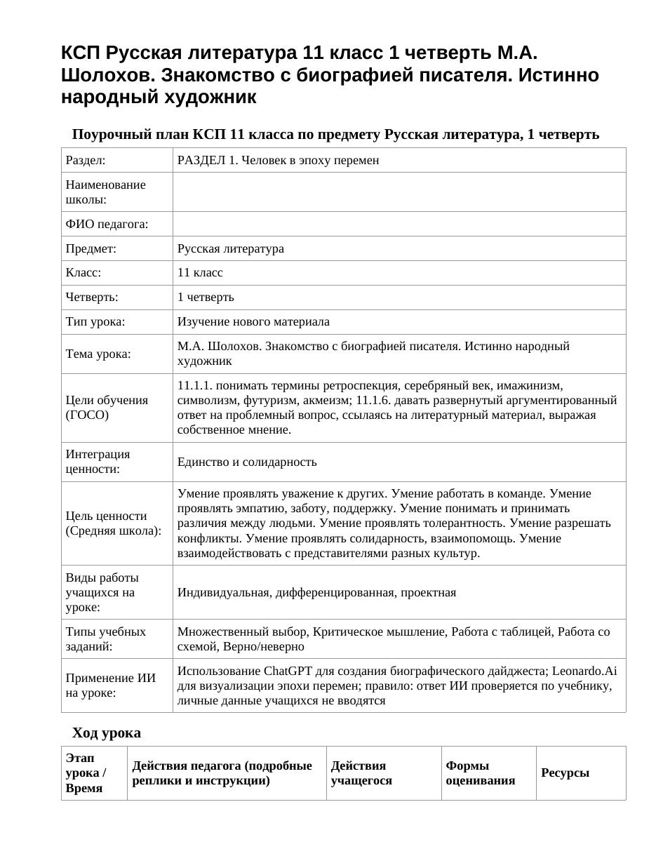 КСП Русская литература 11 класс 1 четверть М.А. Шолохов. Знакомство с биографией писателя. Истинно народный художник