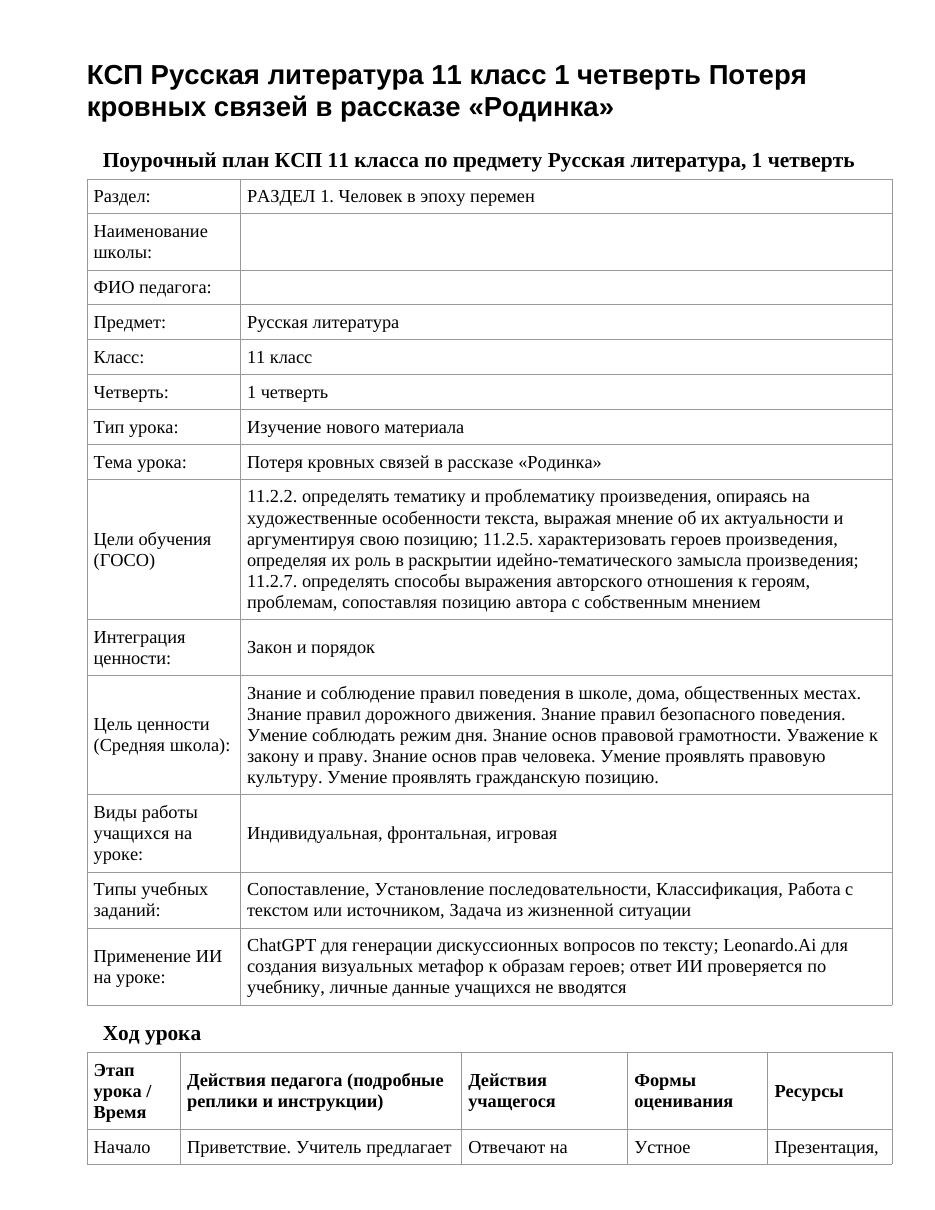 КСП Русская литература 11 класс 1 четверть Потеря кровных связей в рассказе «Родинка»