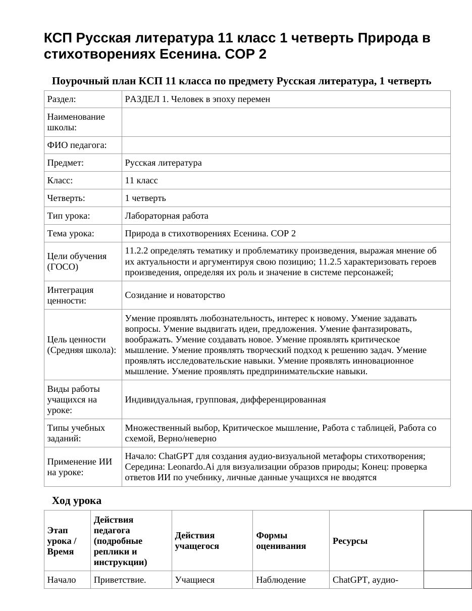 КСП Русская литература 11 класс 1 четверть Природа в стихотворениях Есенина. СОР 2