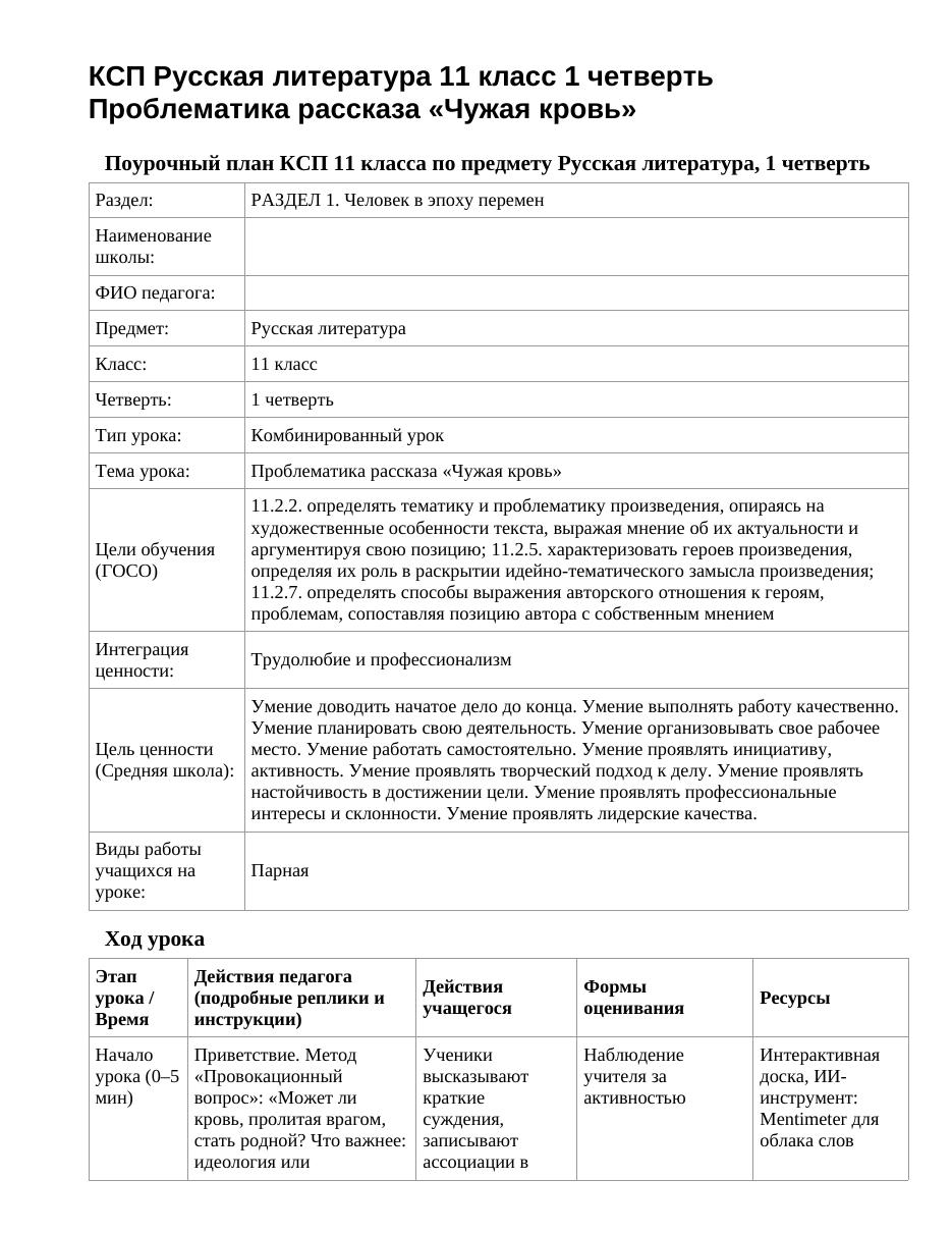 КСП Русская литература 11 класс 1 четверть Проблематика рассказа «Чужая кровь»