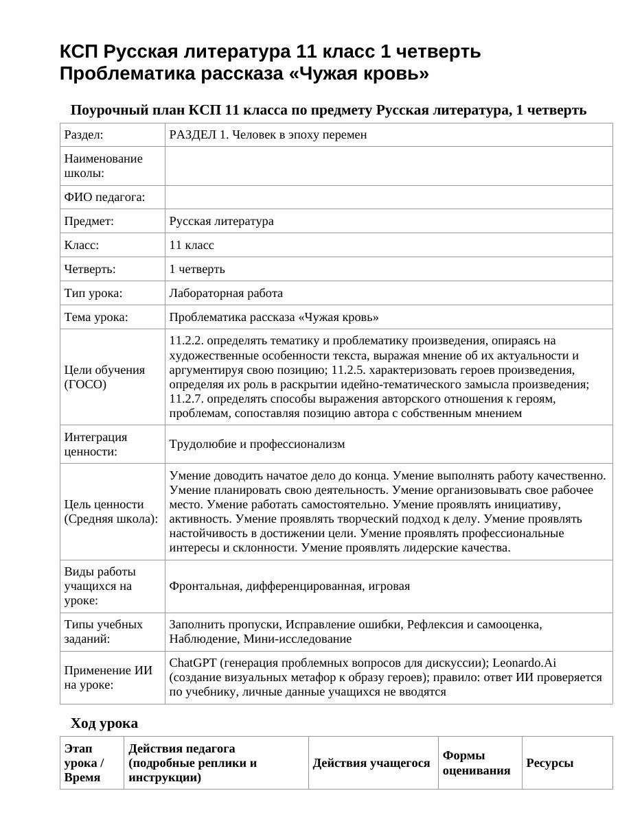 КСП Русская литература 11 класс 1 четверть Проблематика рассказа «Чужая кровь»