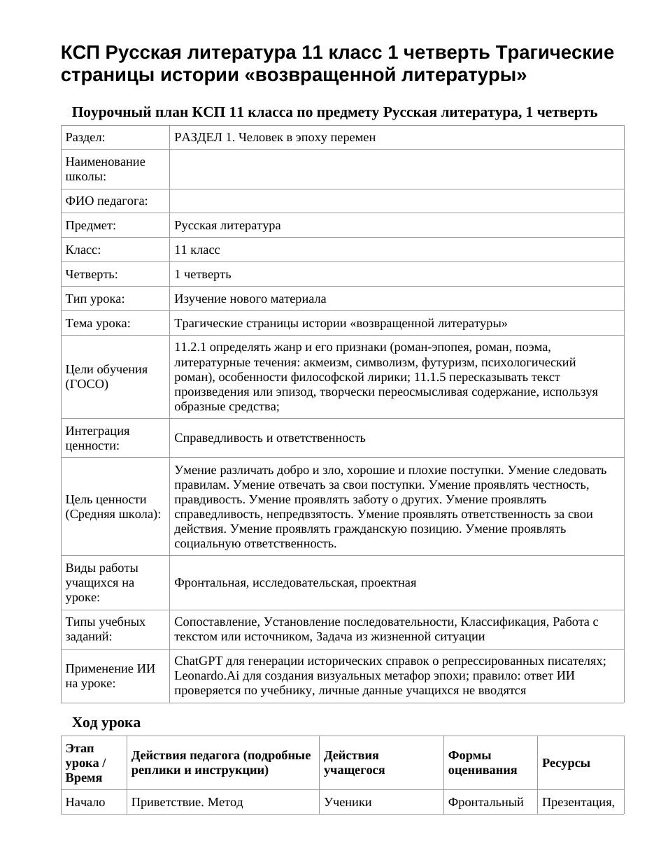 КСП Русская литература 11 класс 1 четверть Трагические страницы истории «возвращенной литературы»