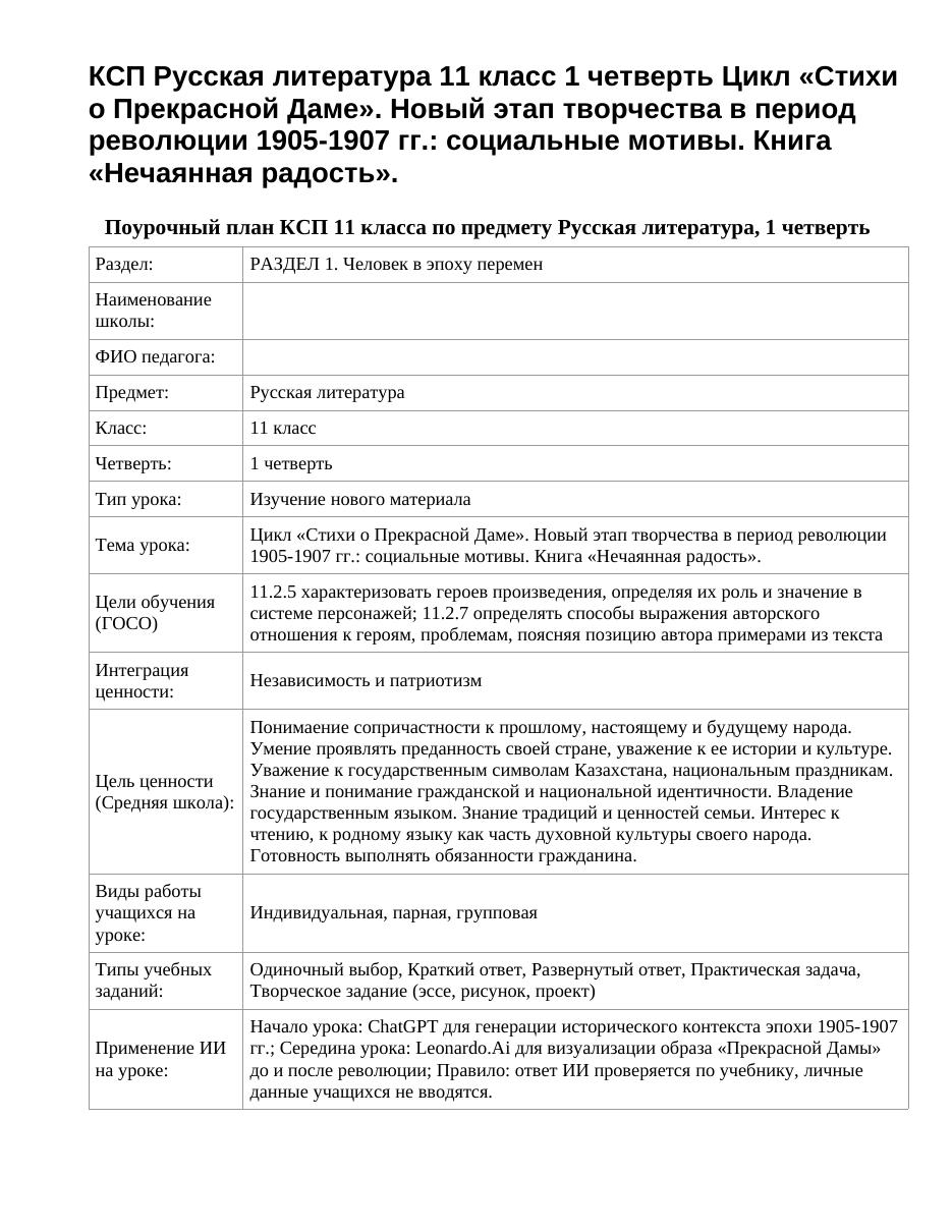 КСП Русская литература 11 класс 1 четверть Цикл «Стихи о Прекрасной Даме». Новый этап творчества в период революции 1905-1907 гг.: социальные мотивы. Книга «Нечаянная радость».