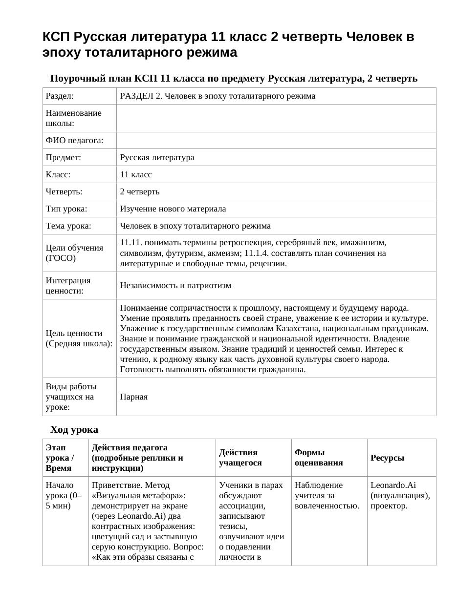 КСП Русская литература 11 класс 2 четверть Человек в эпоху тоталитарного режима