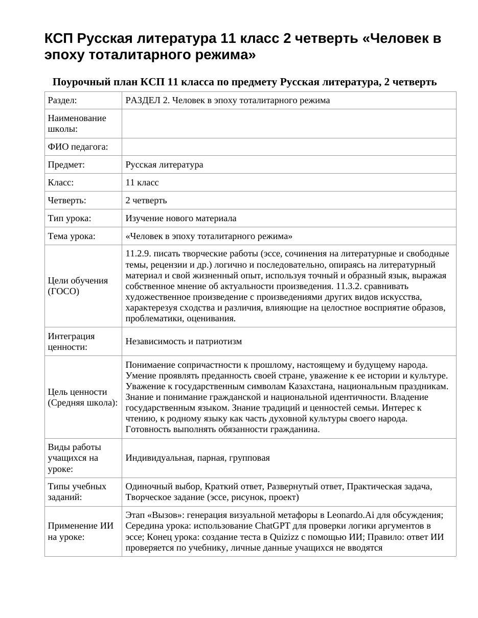 КСП Русская литература 11 класс 2 четверть «Человек в эпоху тоталитарного режима»
