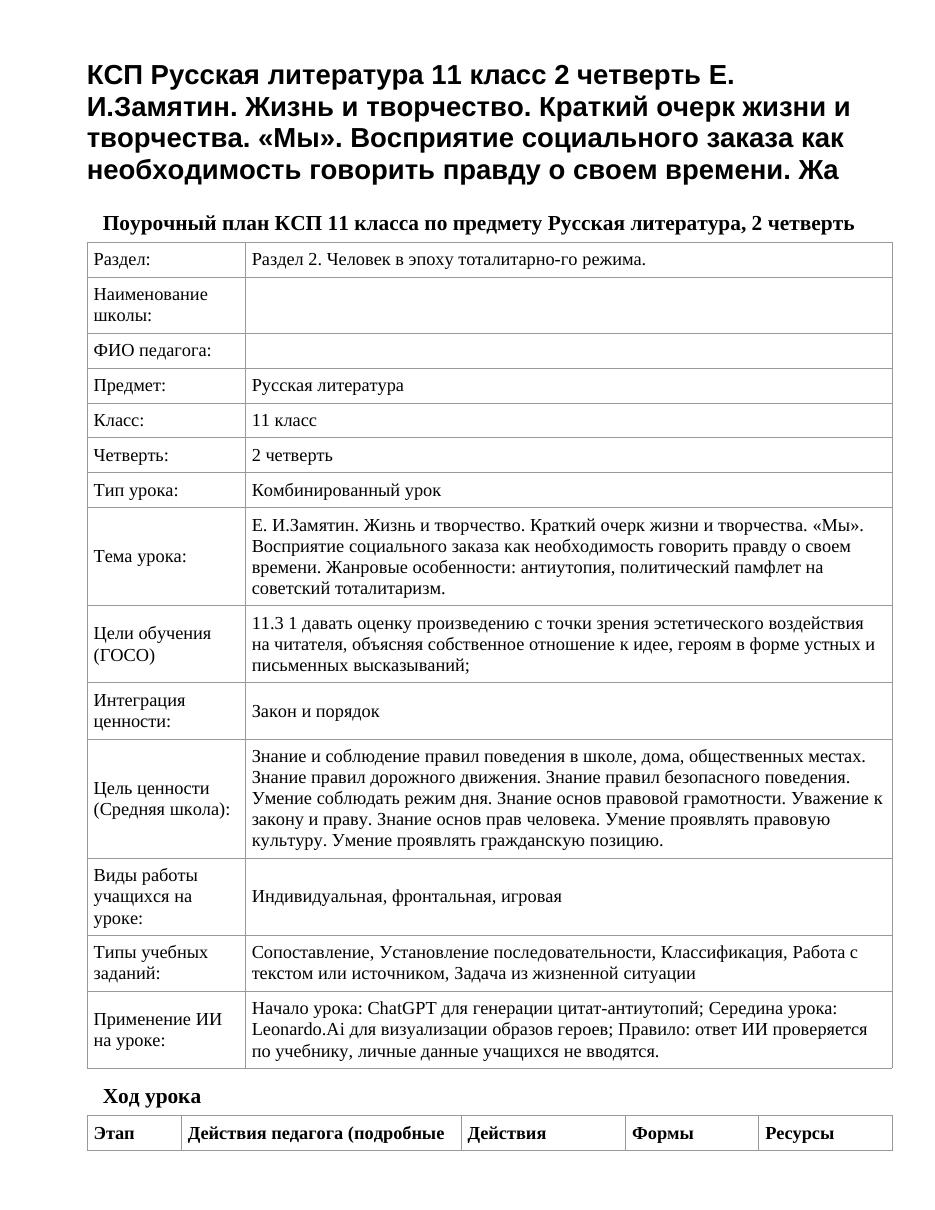 КСП Русская литература 11 класс 2 четверть Е. И.Замятин. Жизнь и творчество. Краткий очерк жизни и творчества. «Мы». Восприятие социального заказа как необходимость говорить правду о своем времени. Жа
